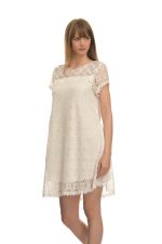 Εκρού Μίνι Φόρεμα Με Δαντέλα Με Διάφανα Κοντά Μανίκια