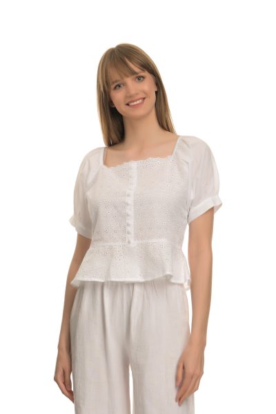 Κοντομάνικη Μπλούζα Με Boho Στυλ Με Διακριτικά Κουμπιά Μπροστά - Image 3