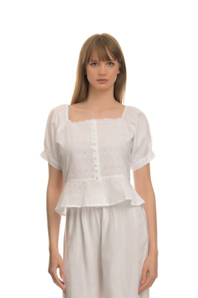 Κοντομάνικη Μπλούζα Με Boho Στυλ Με Διακριτικά Κουμπιά Μπροστά