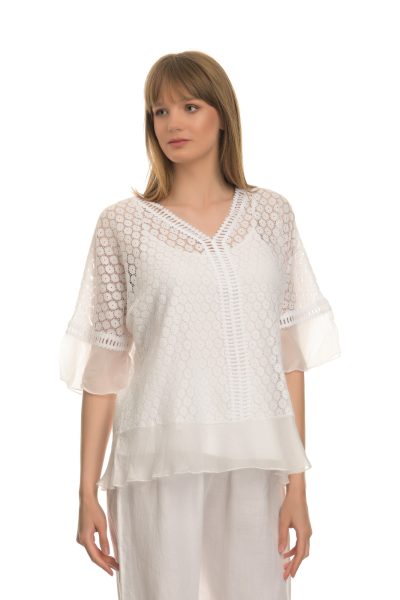 Λευκό Boho Μπλουζάκι See Through Με Ανάλαφρο Μανίκι Μέχρι Τον Αγκώνα - Image 2