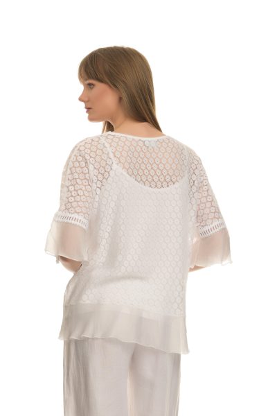 Λευκό Boho Μπλουζάκι See Through Με Ανάλαφρο Μανίκι Μέχρι Τον Αγκώνα - Image 4