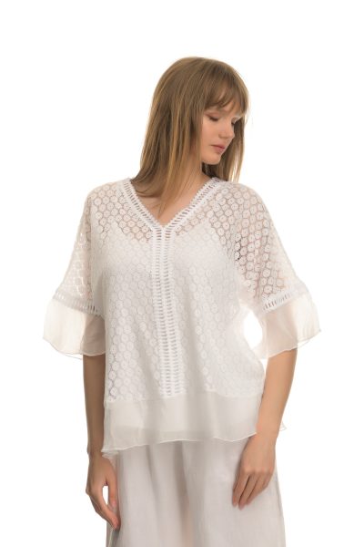 Λευκό Boho Μπλουζάκι See Through Με Ανάλαφρο Μανίκι Μέχρι Τον Αγκώνα