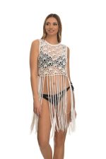 Λευκό Crop – Top Καφτάνι Με Μακριά Κρόσια