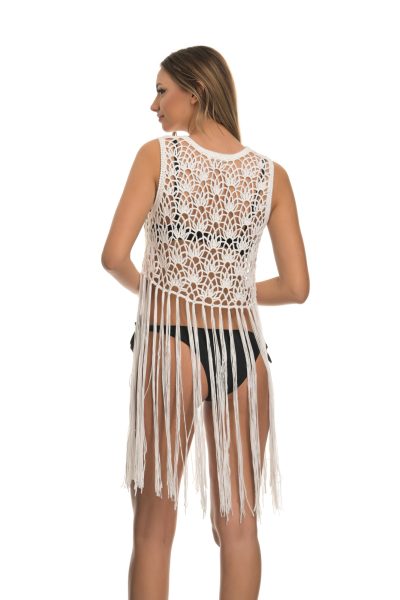 Λευκό Crop – Top Καφτάνι Με Μακριά Κρόσια - Image 5