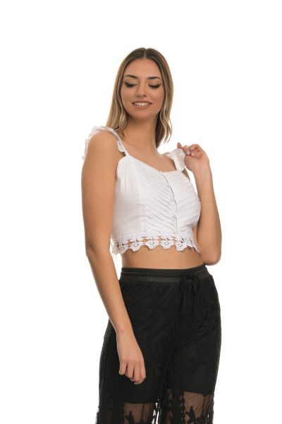 Λευκό Crop – Top Με Λεπτές Τιράντες Βολάν - Image 2