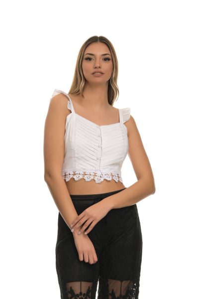 Λευκό Crop – Top Με Λεπτές Τιράντες Βολάν
