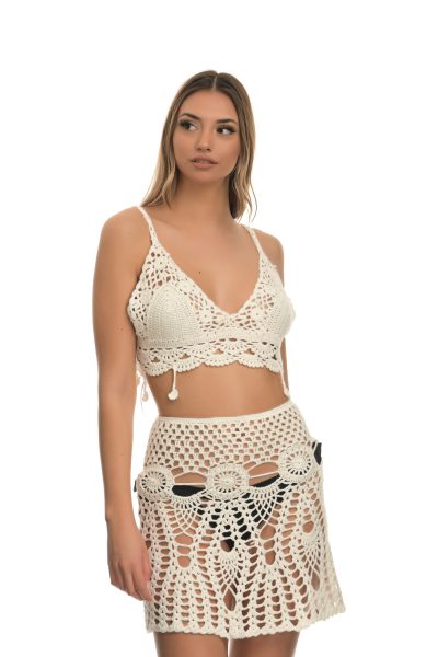 Μπεζ Crop Top Με Τιράντες Και Φουντάκια