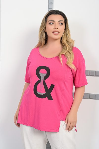 Μπλούζα Με Σχέδιο Μπροστά Φούξια- Plus Size